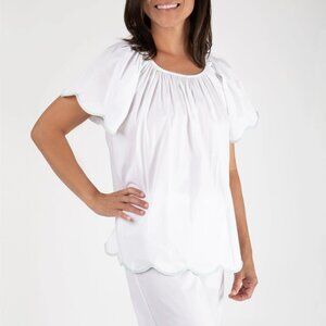 Lenora Vandy Short Sleeve Scalloped Blouse Top 100% Cotton White - XS